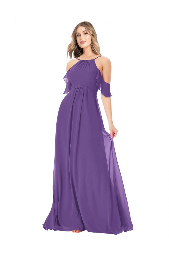 Pflaume Lila A-Linien Off-Schulter Stehkragen Ausschnitt Chiffon Lange Brautjungfernkleider Online