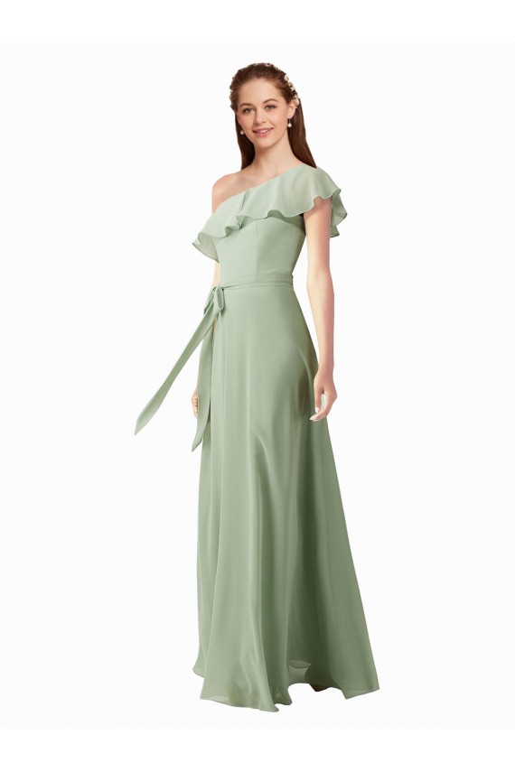 Rauchgrün A-Linien Eine-Schulter Chiffon Lange Brautjungfernkleider Online