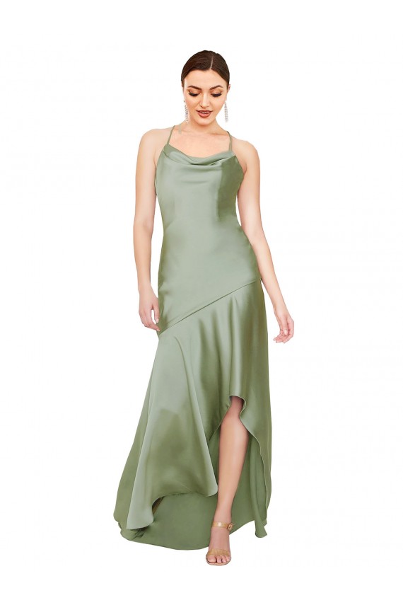 Rauchgrün A-Linien Haube Ausschnitt Seidiger Satin Lange Formale Brautjungfernkleider / Abendkleider / Abiballkleider Online