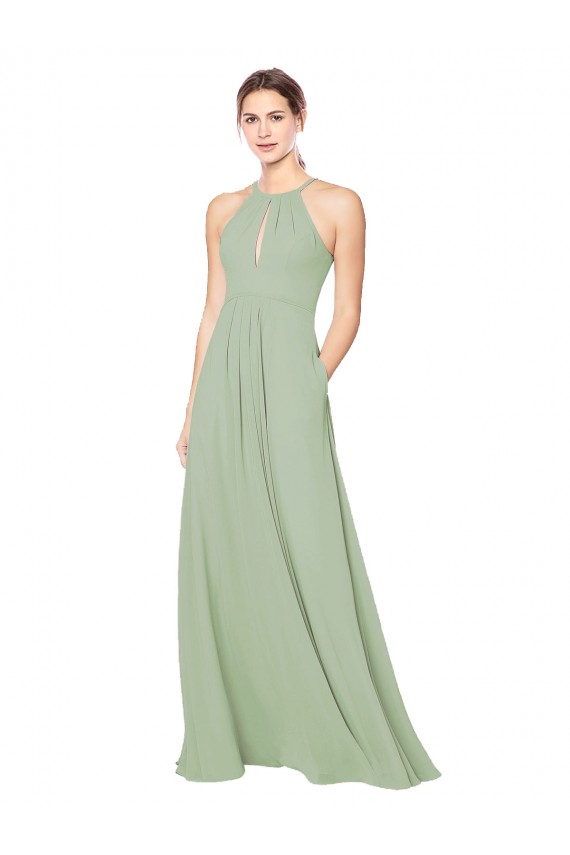 Rauchgrün A-Linien Neckholder Chiffon Lange Brautjungfernkleider Online