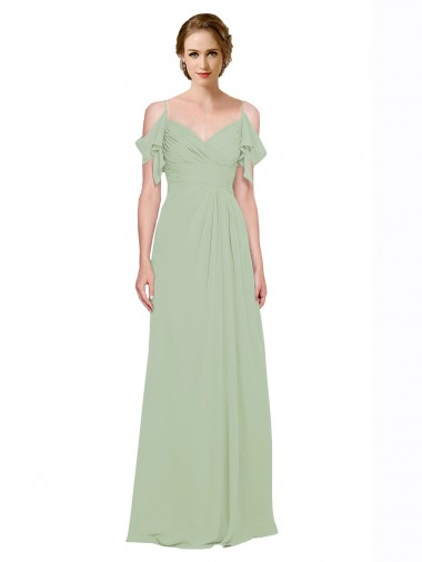 Rauchgrün A-Linien Off-Schulter Spaghetti-Träger Chiffon Lange Brautjungfernkleider Online