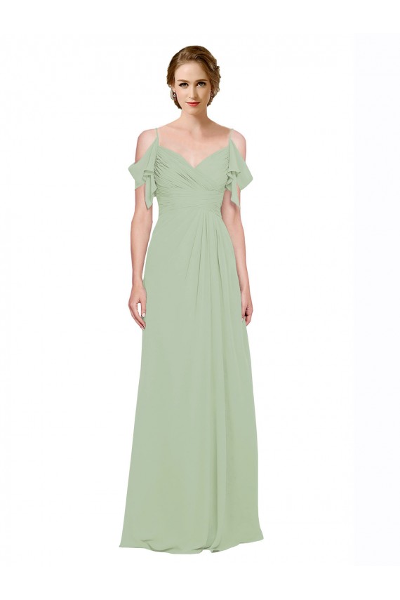 Rauchgrün A-Linien Off-Schulter Spaghetti-Träger Chiffon Lange Brautjungfernkleider Online