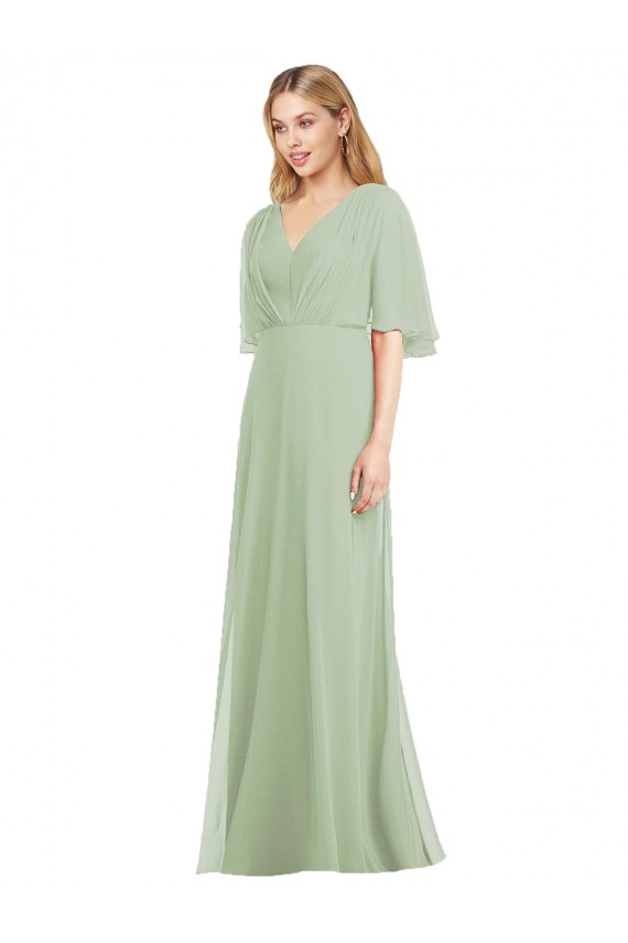 Rauchgrün Trompete V-Ausschnitt Chiffon Lange Brautjungfernkleider Online