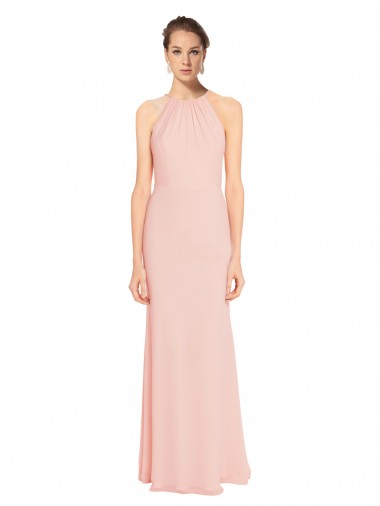 Rosa 114 A-Linien Spaghetti-Träger Neckholder Chiffon Lange Brautjungfernkleider Online