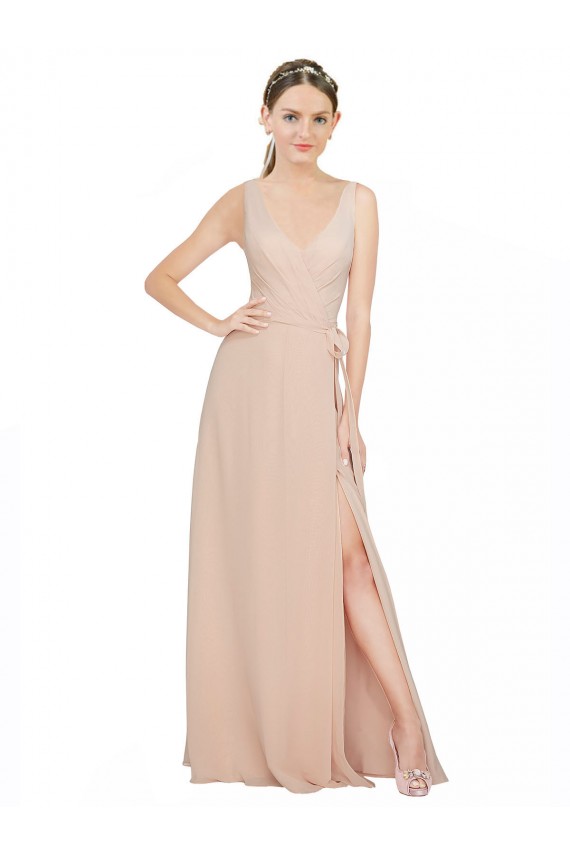 Rosa 114 A-Linien V-Ausschnitt Chiffon Lange Brautjungfernkleider Online