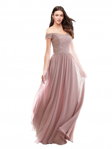 Rosa 147 A-Linien Off-Schulter Chiffon Spitze Lange Brautjungfernkleider Online