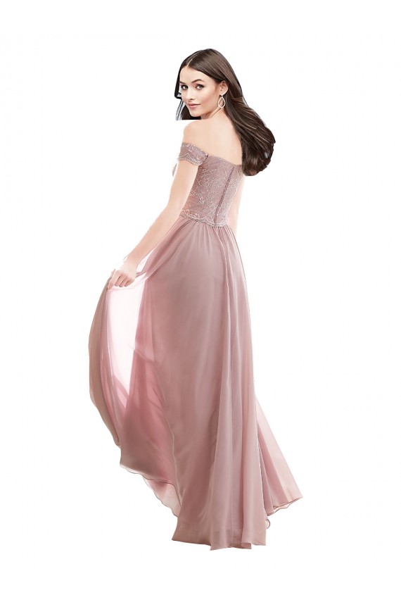 Rosa 147 A-Linien Off-Schulter Chiffon Spitze Lange Brautjungfernkleider Online