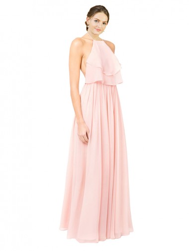 Rosa A-Linien Neckholder Chiffon Lange Brautjungfernkleider Online