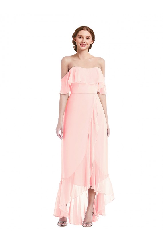 Rosa A-Linien Off-Schulter Chiffon Lange Brautjungfernkleider Online