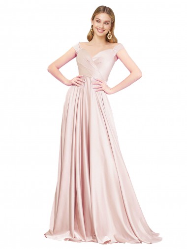 Rosa A-Linien Off-Schulter Satin Lange Formale Brautjungfernkleider / Abendkleider / Abiballkleider Online