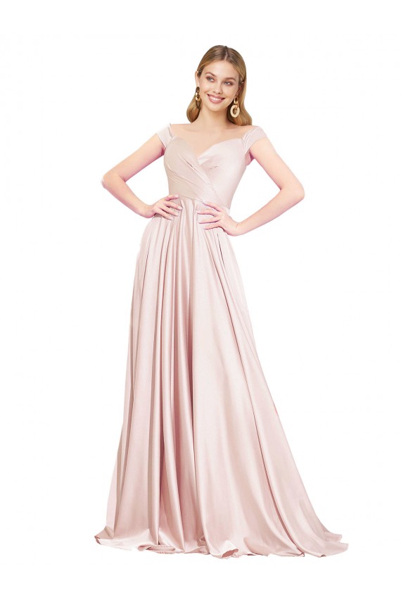 Rosa A-Linien Off-Schulter Satin Lange Formale Brautjungfernkleider / Abendkleider / Abiballkleider Online