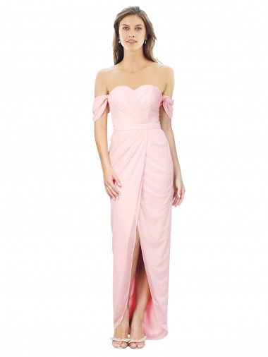 Rosa A-Linien Off-Schulter Trägerlos Chiffon Lange Brautjungfernkleider Online