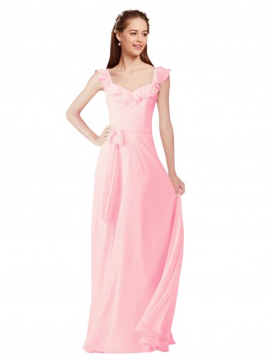 Rosa A-Linien V-Ausschnitt Chiffon Lange Brautjungfernkleider Online