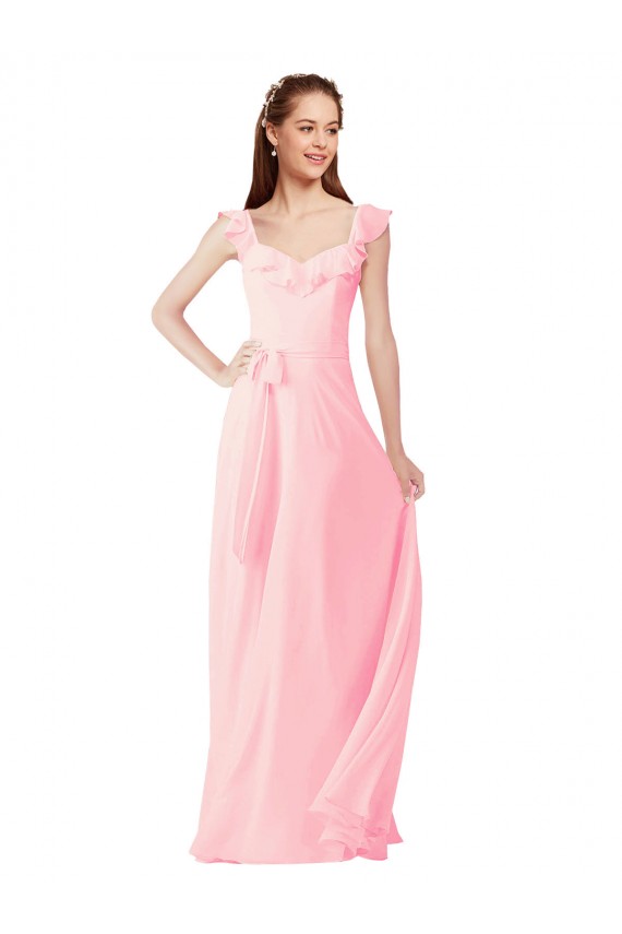 Rosa A-Linien V-Ausschnitt Chiffon Lange Brautjungfernkleider Online