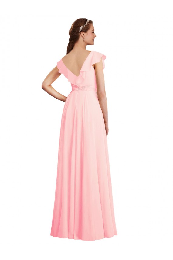 Rosa A-Linien V-Ausschnitt Chiffon Lange Brautjungfernkleider Online
