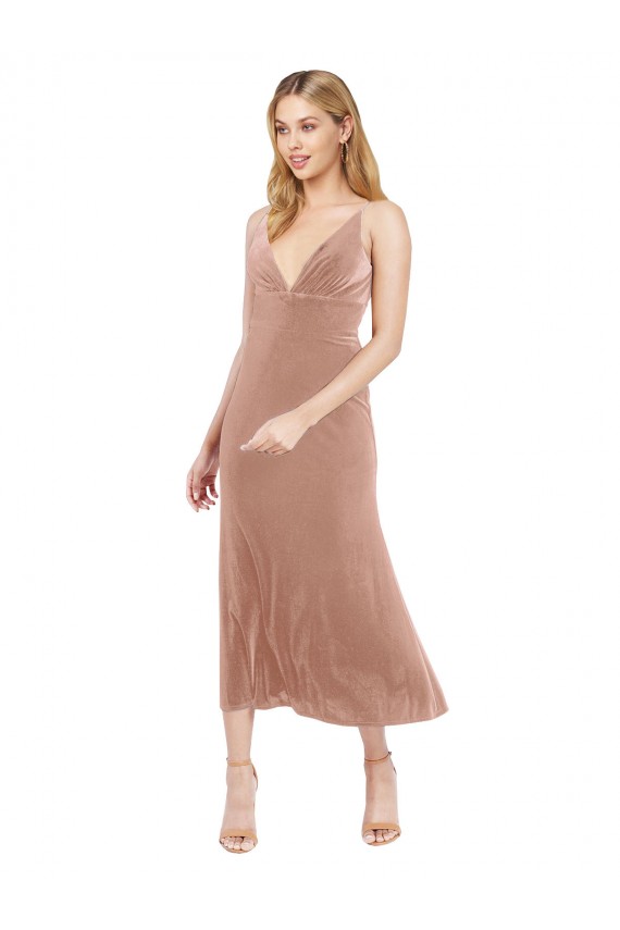 Rosa A-Linien V-Ausschnitt Midi Stretch-Samt Kurze Brautjungfernkleider / Abiballkleider / Cocktailkleider / Heimkehr Kleider Online