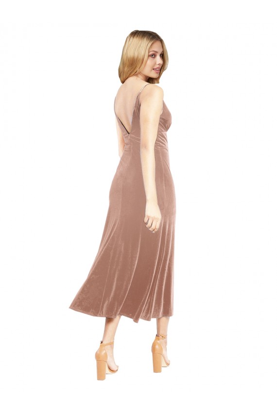 Rosa A-Linien V-Ausschnitt Midi Stretch-Samt Kurze Brautjungfernkleider / Abiballkleider / Cocktailkleider / Heimkehr Kleider Online