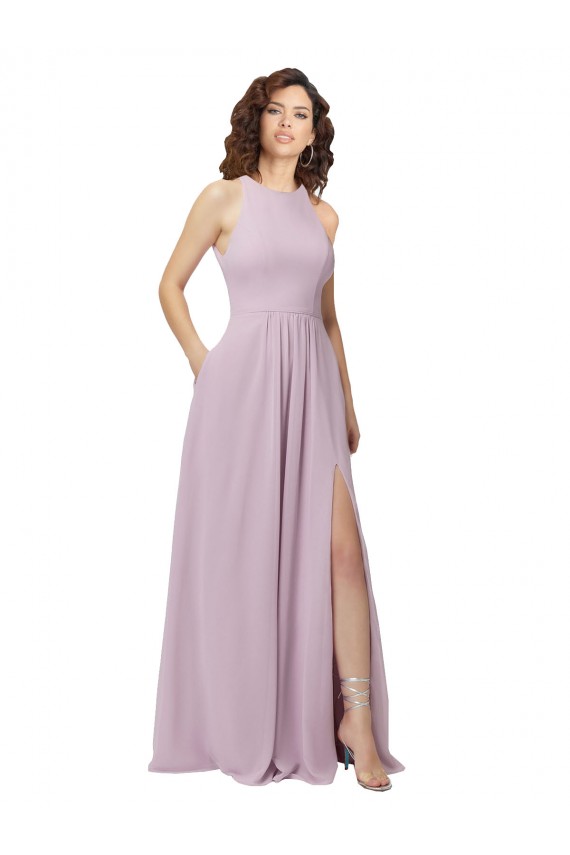 Rosa Leuchten A-Linien Neckholder Stehkragen Ausschnitt Chiffon Lange Brautjungfernkleider Online