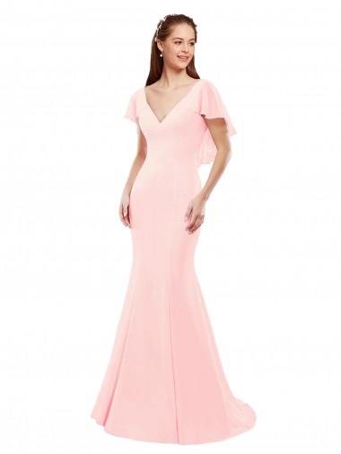 Rosa Meerjungfrau V-Ausschnitt Chiffon Lange Brautjungfernkleider Online