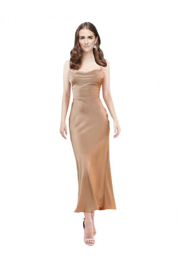 Roségold Etui Haube Ausschnitt Midi Seidiger Satin Kurze Formale Brautjungfernkleider / Abendkleider / Abiballkleider / Cocktailkleider / Heimkehr Kleider Online