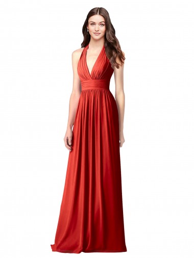 Rot A-Linien Neckholder V-Ausschnitt Chiffon Lange Brautjungfernkleider Online