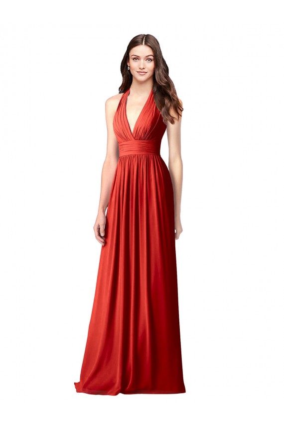 Rot A-Linien Neckholder V-Ausschnitt Chiffon Lange Brautjungfernkleider Online