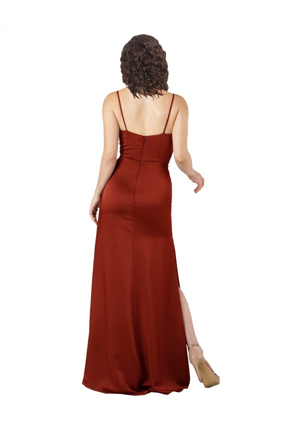 Rot A-Linien Spaghetti-Träger Quadrat Ausschnitt Seidiger Satin Lange Formale Brautjungfernkleider / Abendkleider / Abiballkleider Online