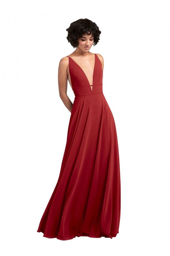 Rot A-Linien V-Ausschnitt Chiffon Lange Brautjungfernkleider Online