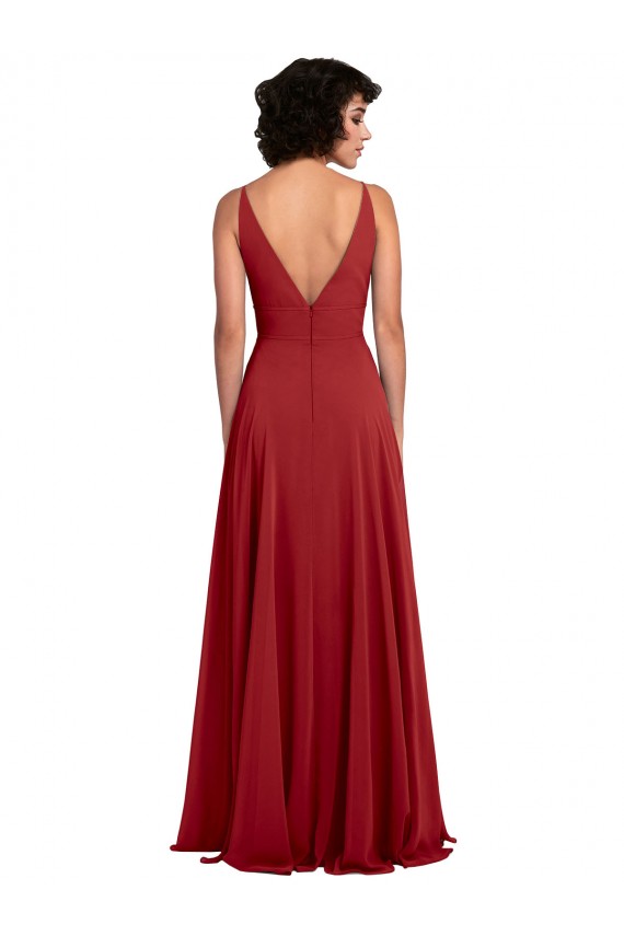 Rot A-Linien V-Ausschnitt Chiffon Lange Brautjungfernkleider Online