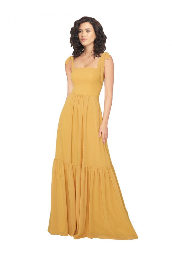Safran A-Linien Quadrat Ausschnitt Chiffon Lange Brautjungfernkleider Online