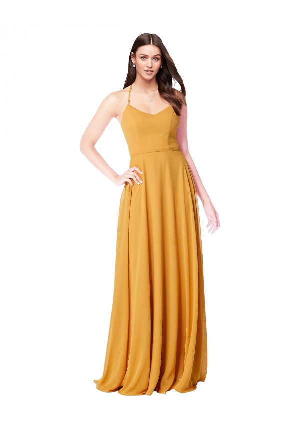 Safran A-Linien V-Ausschnitt Chiffon Lange Brautjungfernkleider Online