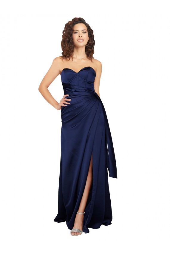 Saphir A-Linien Trägerlos Seidiger Satin Lange Formale Brautjungfernkleider / Abendkleider / Abiballkleider Online