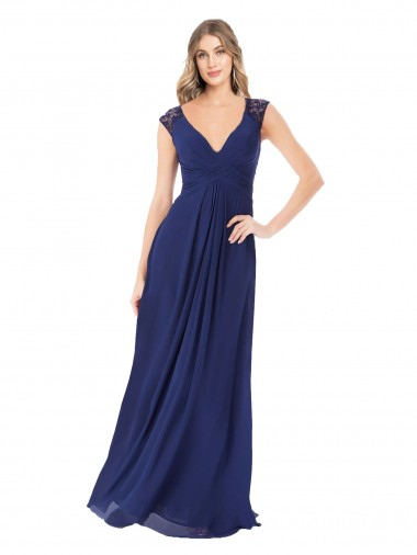 Saphir A-Linien V-Ausschnitt Chiffon Lange Brautjungfernkleider Online