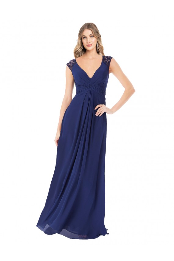 Saphir A-Linien V-Ausschnitt Chiffon Lange Brautjungfernkleider Online