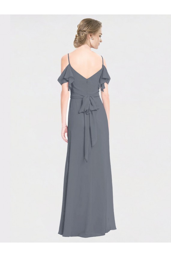 Schiefergrau A-Linien Off-Schulter V-Ausschnitt Chiffon Lange Brautjungfernkleider Online