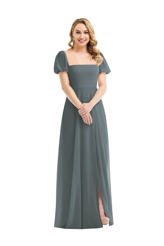 Schiefergrau A-Linien Quadrat Ausschnitt Chiffon Lange Brautjungfernkleider Online