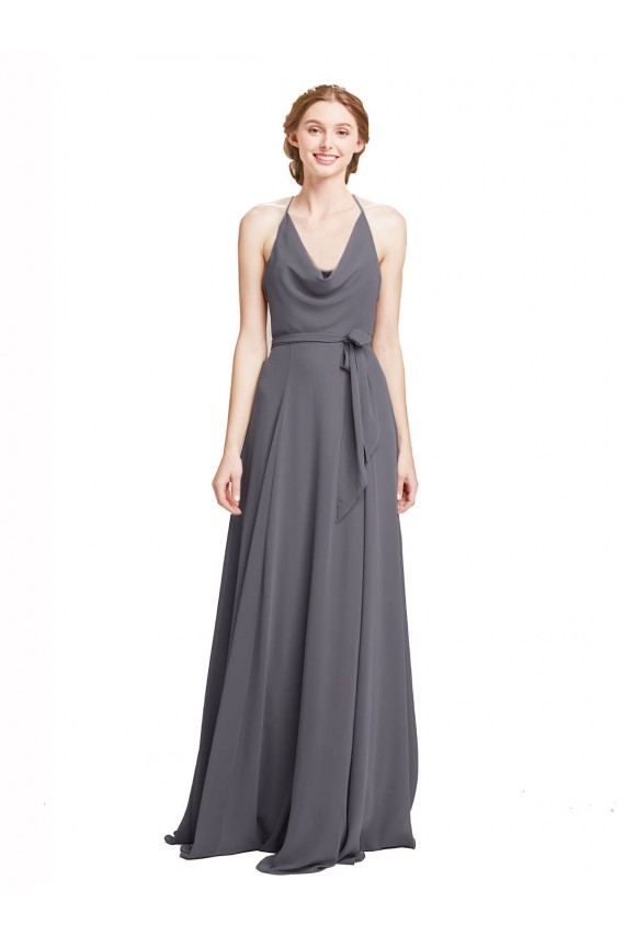 Schiefergrau A-Linien Spaghetti-Träger Neckholder Chiffon Lange Brautjungfernkleider Online