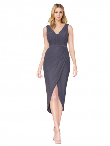 Schiefergrau Meerjungfrau V-Ausschnitt Cocktail Chiffon Kurze Formale Brautjungfernkleider / Abendkleider / Abiballkleider Online