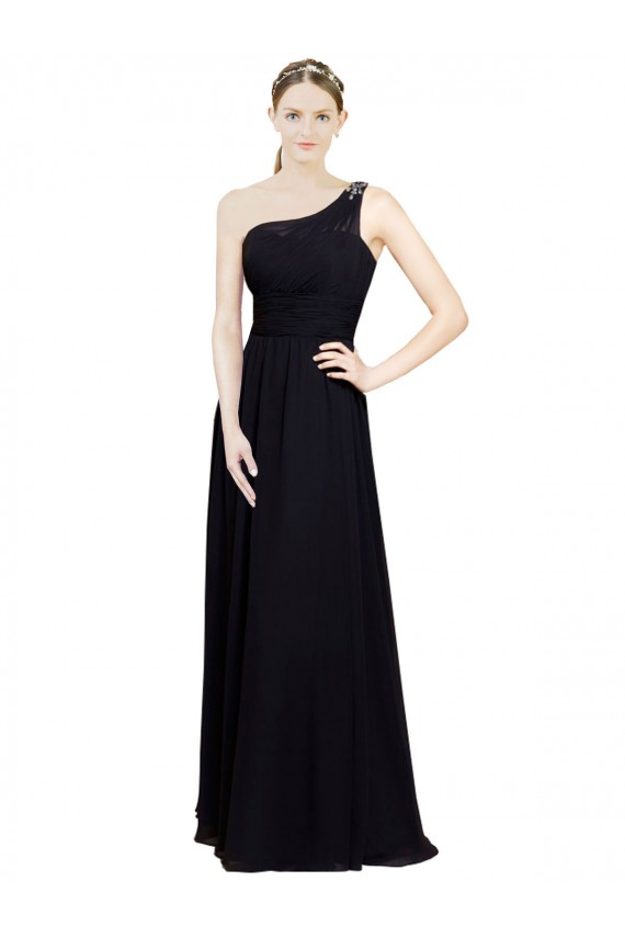 Schwarz A-Linien Eine-Schulter Chiffon Lange Brautjungfernkleider Online