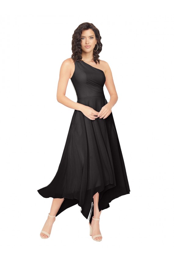 Schwarz A-Linien Eine-Schulter Trägerlos Midi Chiffon Kurze Brautjungfernkleider / Cocktailkleider / Heimkehr Kleider Online