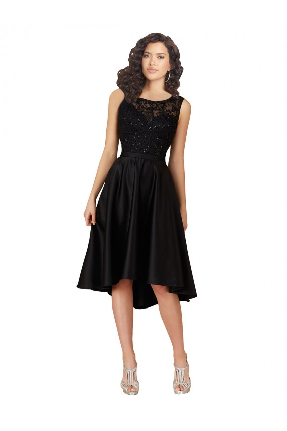 Schwarz A-Linien Illusion Ausschnitt Midi Satin Spitze Kurze Brautjungfernkleider / Cocktailkleider / Heimkehr Kleider Online