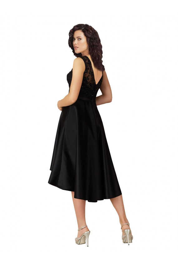 Schwarz A-Linien Illusion Ausschnitt Midi Satin Spitze Kurze Brautjungfernkleider / Cocktailkleider / Heimkehr Kleider Online