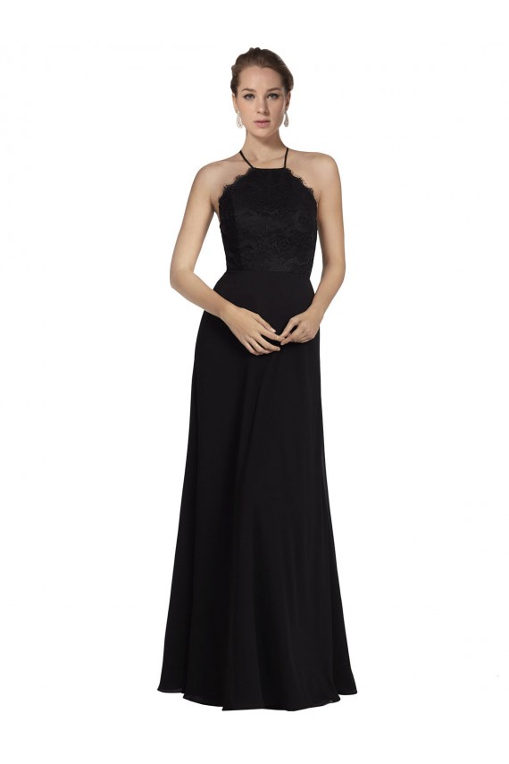 Schwarz A-Linien Neckholder Chiffon Spitze Lange Brautjungfernkleider Online
