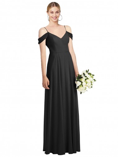 Schwarz A-Linien Spaghetti-Träger Chiffon Lange Brautjungfernkleider Online