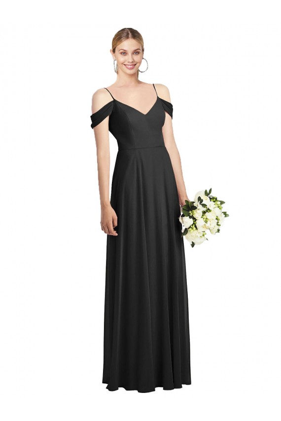 Schwarz A-Linien Spaghetti-Träger Chiffon Lange Brautjungfernkleider Online
