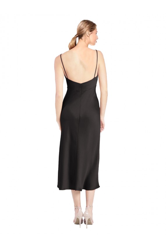 Schwarz A-Linien Spaghetti-Träger Haube Ausschnitt Midi Stretch-Satin Kurze Formale Brautjungfernkleider / Abendkleider / Abiballkleider / Cocktailkleider / Heimkehr Kleider Online