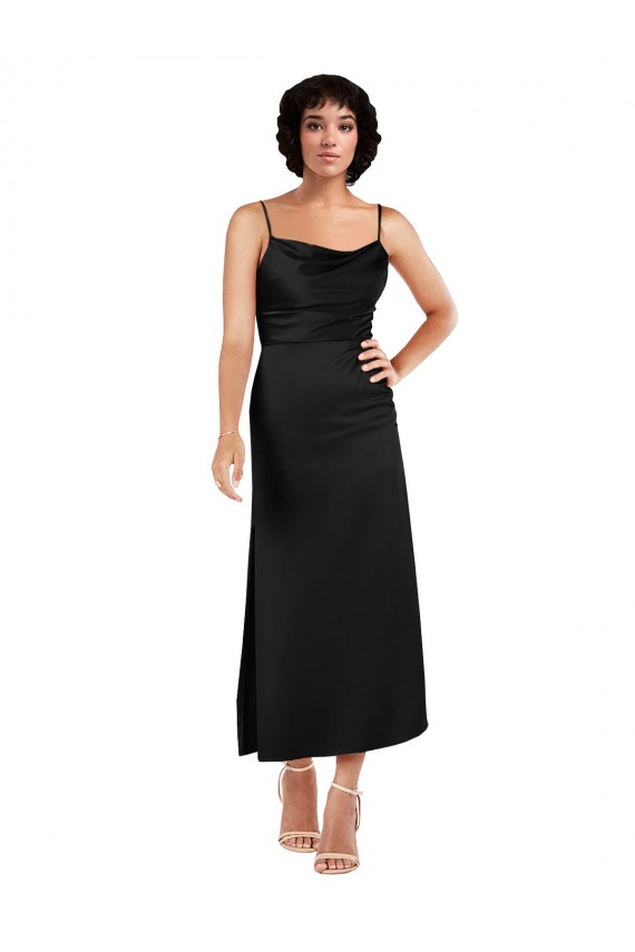 Schwarz A-Linien Spaghetti-Träger Haube Ausschnitt Wadenlang Seidiger Satin Kurze Formale Brautjungfernkleider / Abendkleider / Abiballkleider / Cocktailkleider / Heimkehr Kleider Online