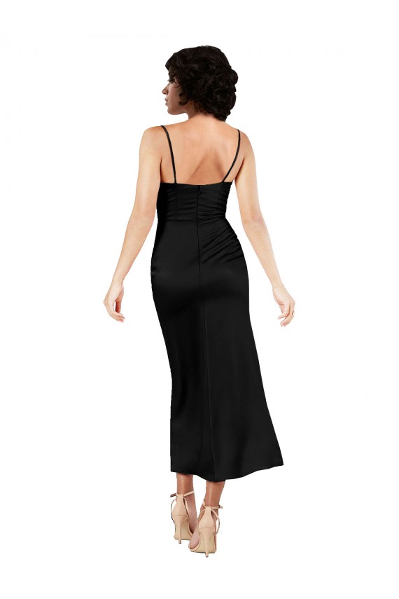 Schwarz A-Linien Spaghetti-Träger Haube Ausschnitt Wadenlang Seidiger Satin Kurze Formale Brautjungfernkleider / Abendkleider / Abiballkleider / Cocktailkleider / Heimkehr Kleider Online