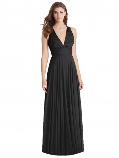 Schwarz A-Linien V-Ausschnitt Chiffon Lange Brautjungfernkleider Online