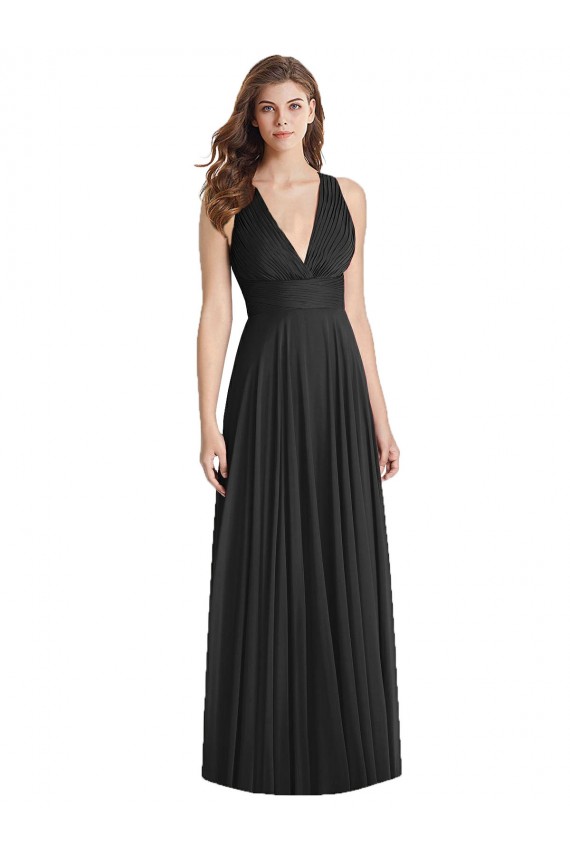 Schwarz A-Linien V-Ausschnitt Chiffon Lange Brautjungfernkleider Online
